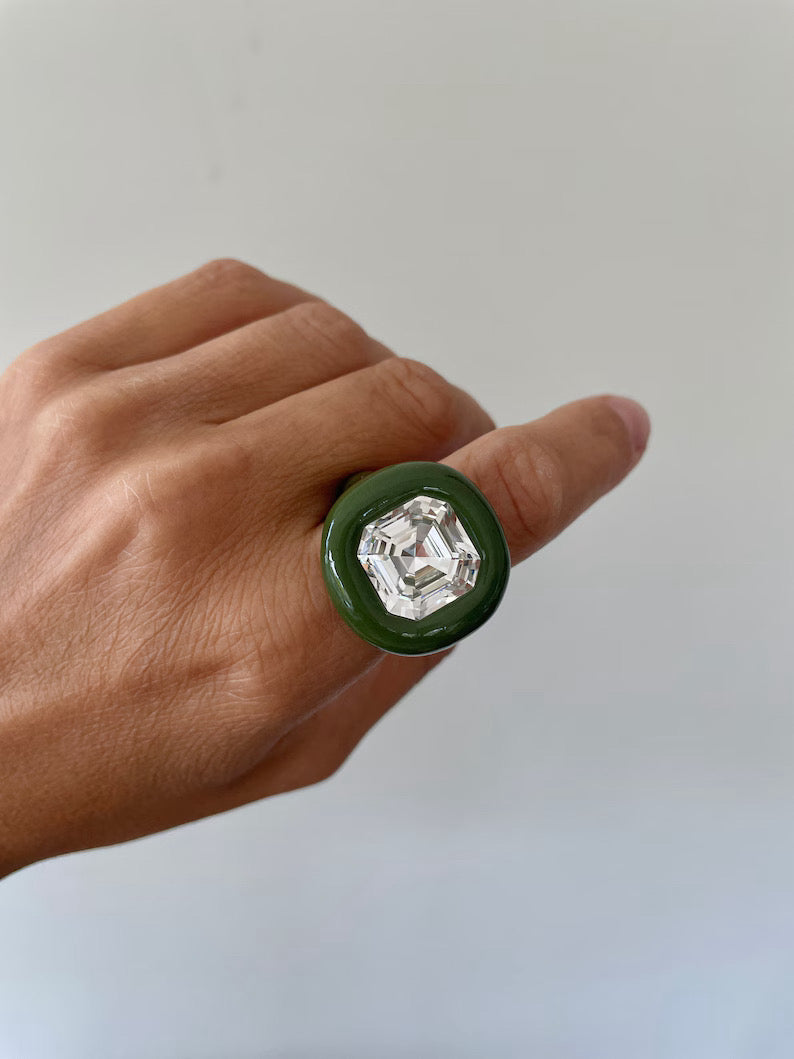 Khaki green pilymer ring with 14mm square Swarovski crystal