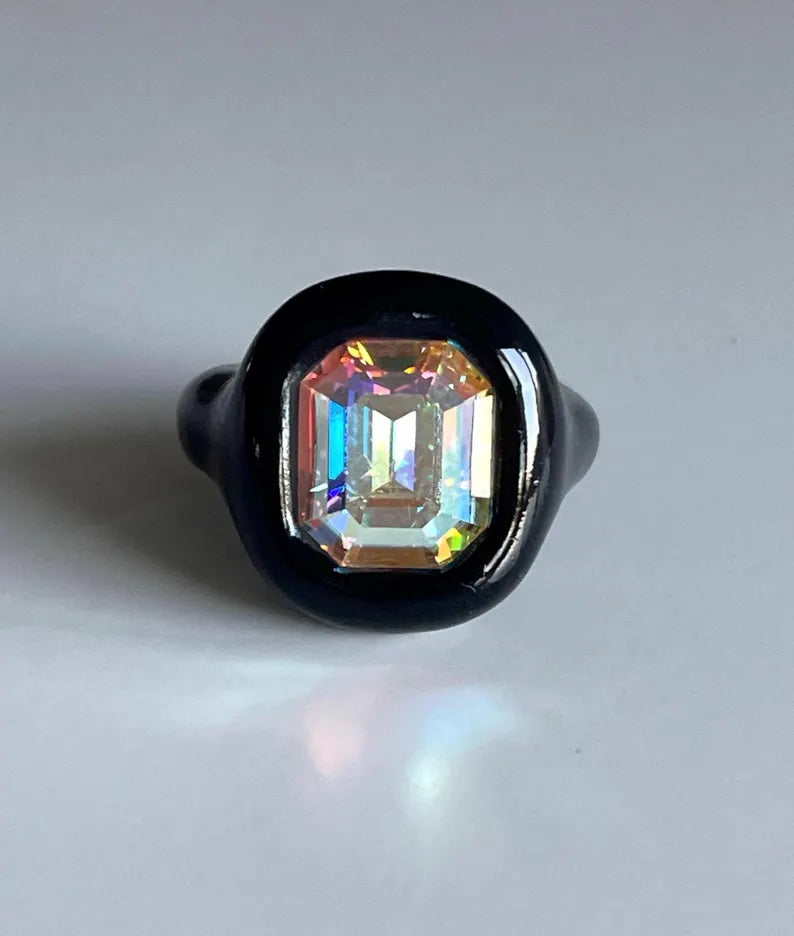 Black polymer ring with octagon 14mm Opalescent Crystal