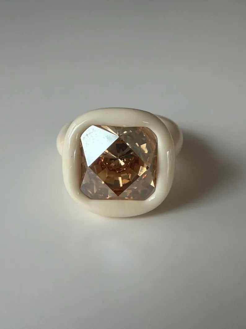 Ivory milk color polymer ring with 14mm square Swarovski in golden  diamond luster