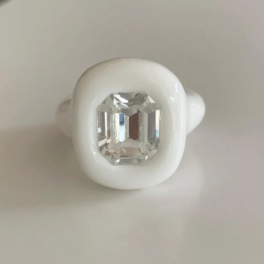 White classy octagon clear crystal polymer clay ring