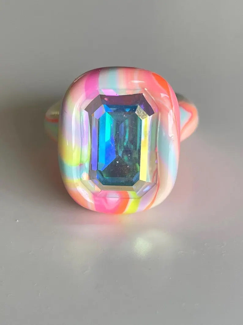 Rainbow pastel and neon mix polymer clay ring with 18mm opalescent crystal