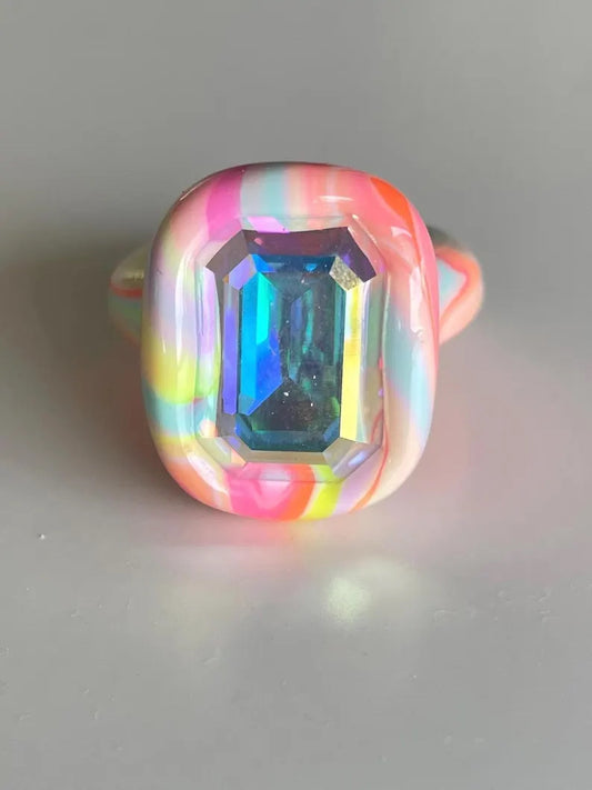 Rainbow pastel and neon mix polymer clay ring with 18mm opalescent crystal