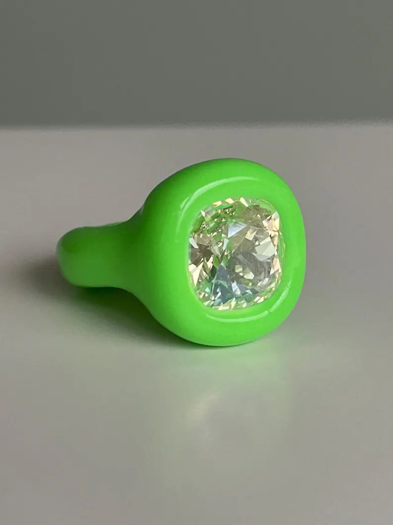 Neon lime green polymer ring with diamond sparkle Swarovski 12mm crystal