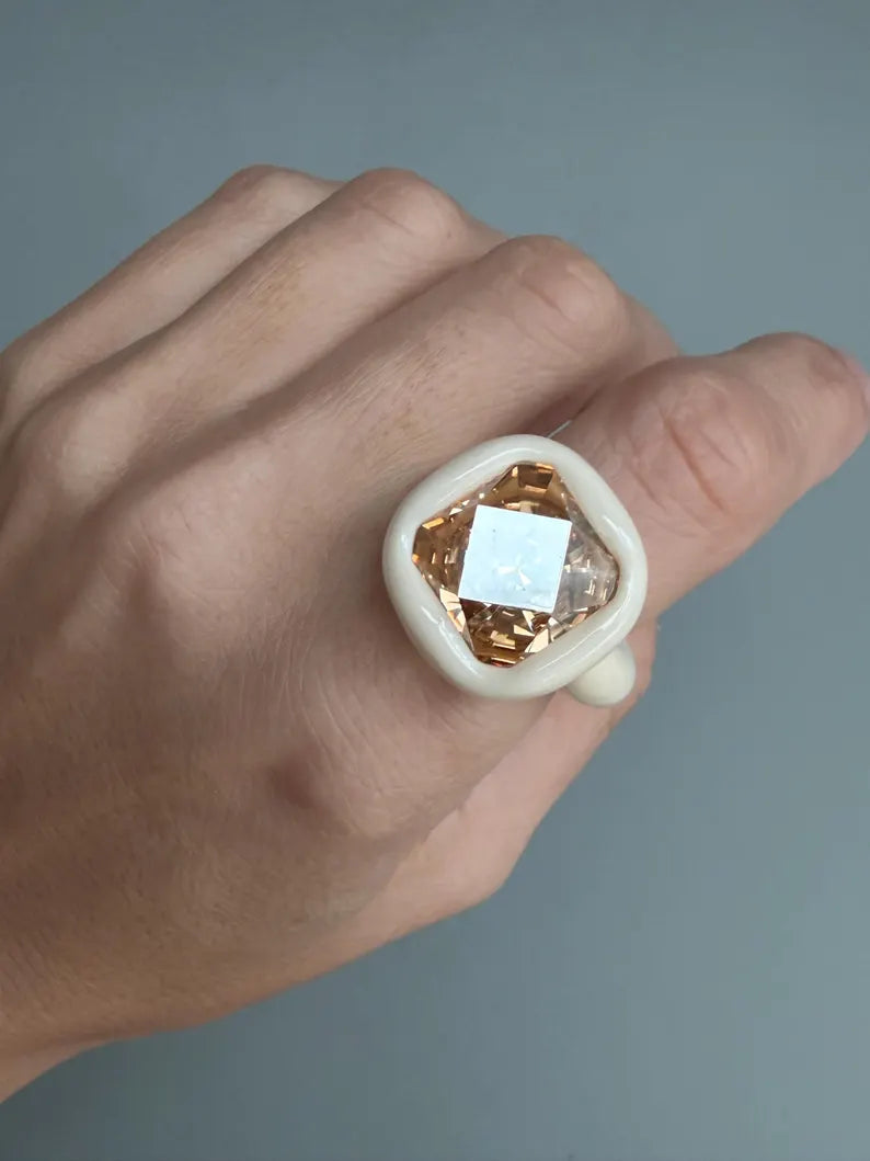 Ivory milk color polymer ring with 14mm square Swarovski in golden  diamond luster