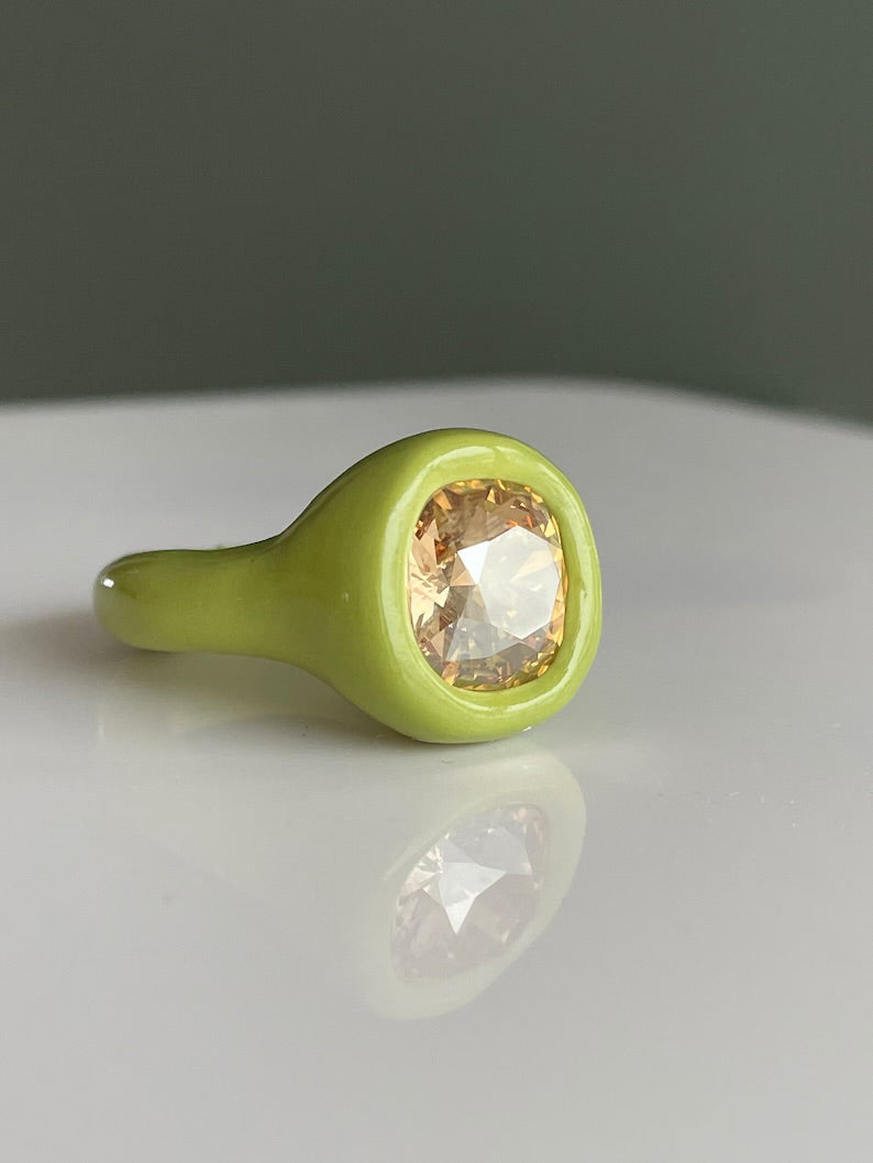 Matcha green polymer ring with golden shine 12 cushion cut Swarovski crystal