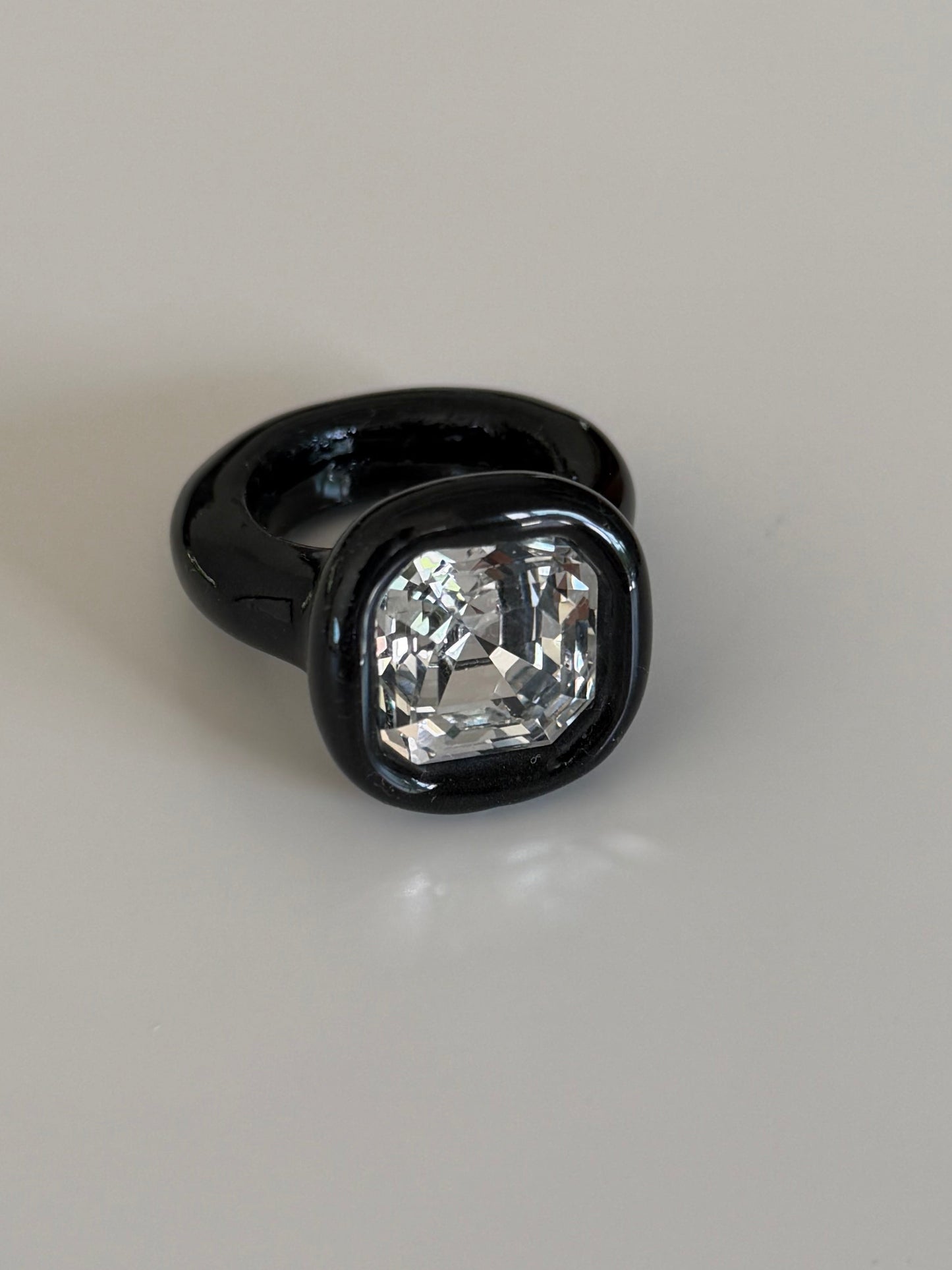 Black classy 14mm clear square Swarovski crystal polymer ring