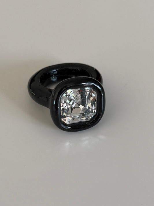 Black classy 14mm clear square Swarovski crystal polymer ring