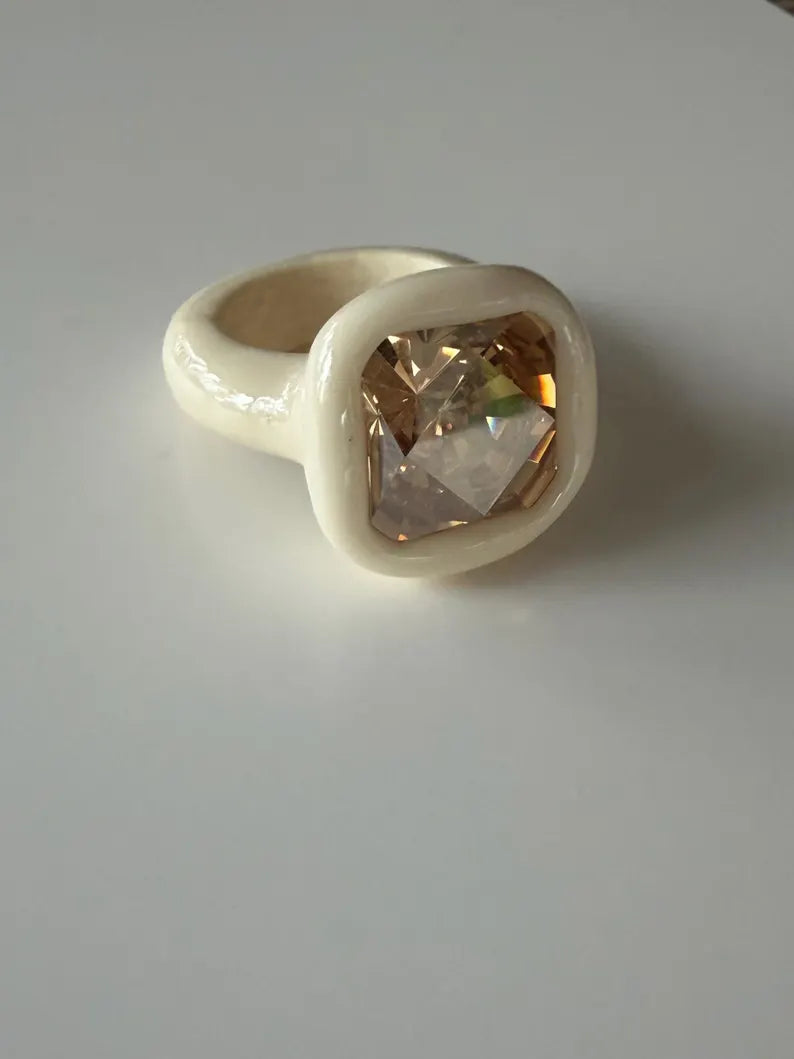 Ivory milk color polymer ring with 14mm square Swarovski in golden  diamond luster