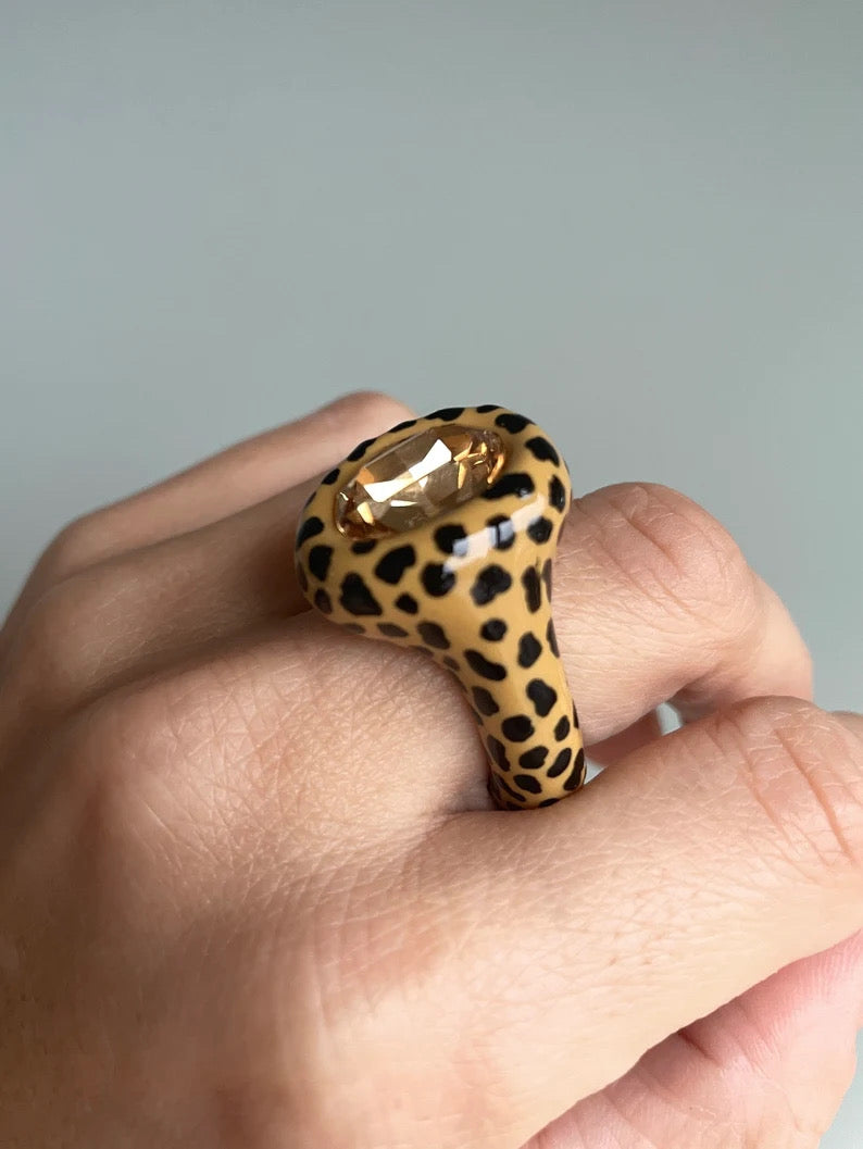 Statement Leopard  Print Medium Oval Smoked Topaz Polymer Ring