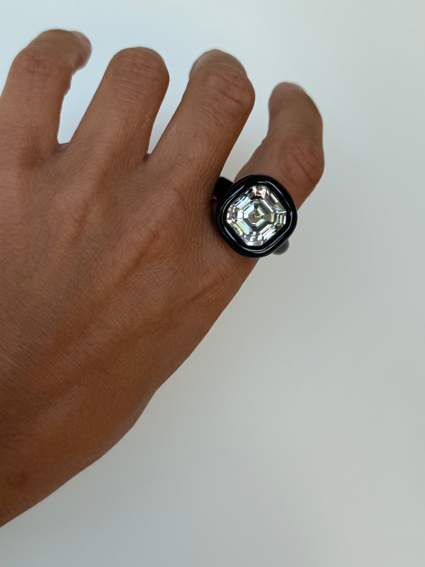 Black classy 14mm clear square Swarovski crystal polymer ring