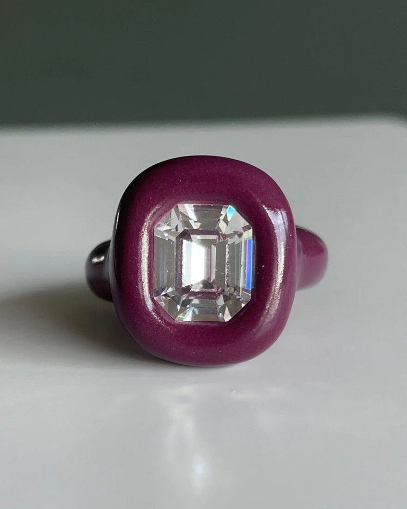 Burgundy grape color polymer ring with 12mm Swarovski