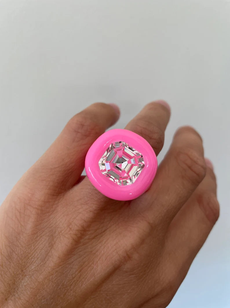 Neon Pink Ring with Square Crystal