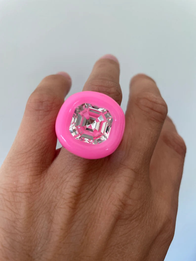 Neon Pink Ring with Square Crystal