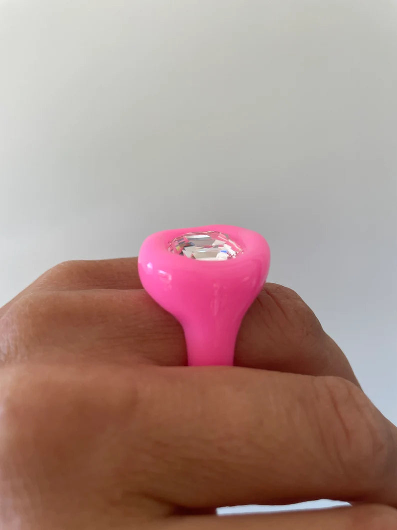 Neon Pink Ring with Square Crystal