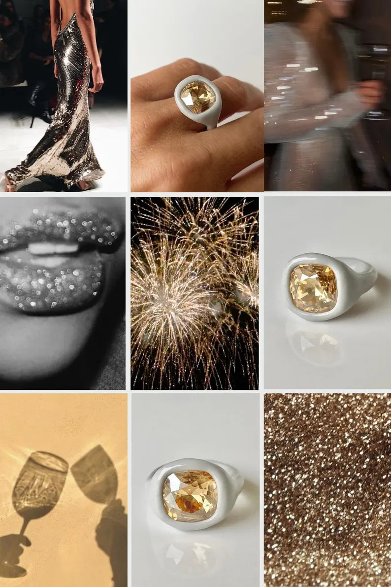 Gray polymer ring with cushion champagne diamond crystal