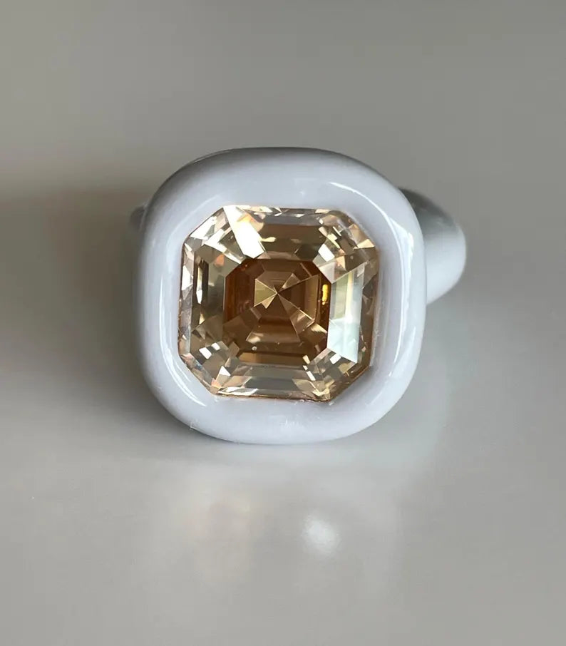Gray polymer ring with 14mm square champagne crystal