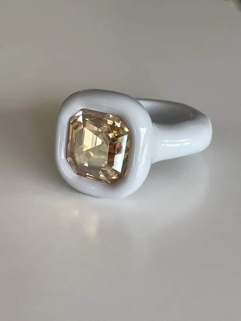 Gray polymer ring with 14mm square champagne crystal