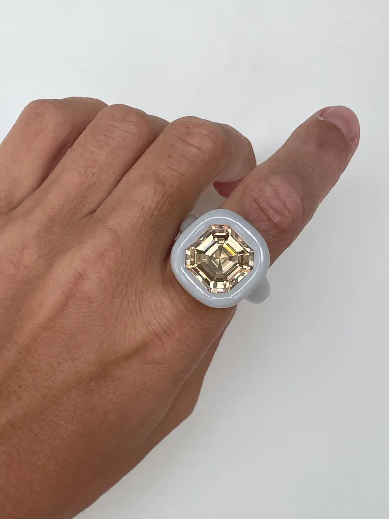 Gray polymer ring with 14mm square champagne crystal