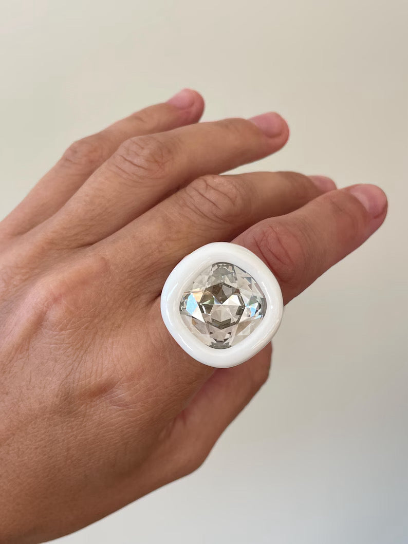 White polymer ring with big 18mm silver luster diamond crystal
