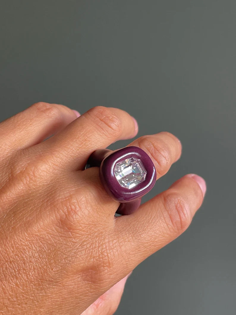 Burgundy grape color polymer ring with 12mm Swarovski