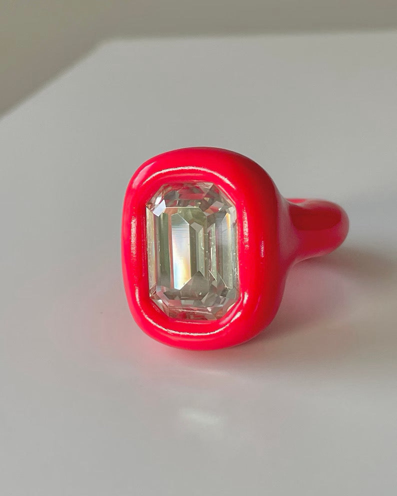 Red polymer clay ring with 18mm octagon crystal