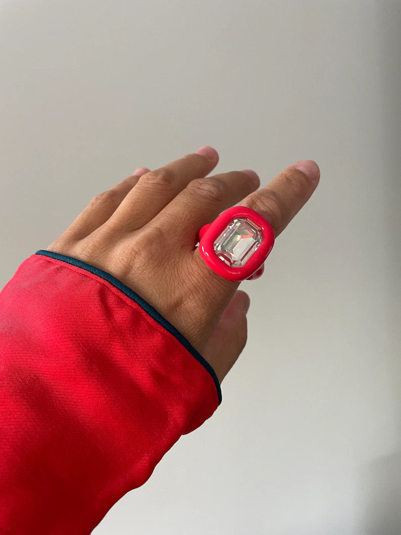 Red polymer clay ring with 18mm octagon crystal
