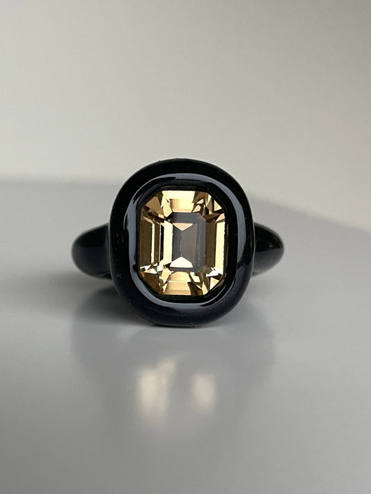 Black Octagon Classy Ring with Champagne Topaz Crystal