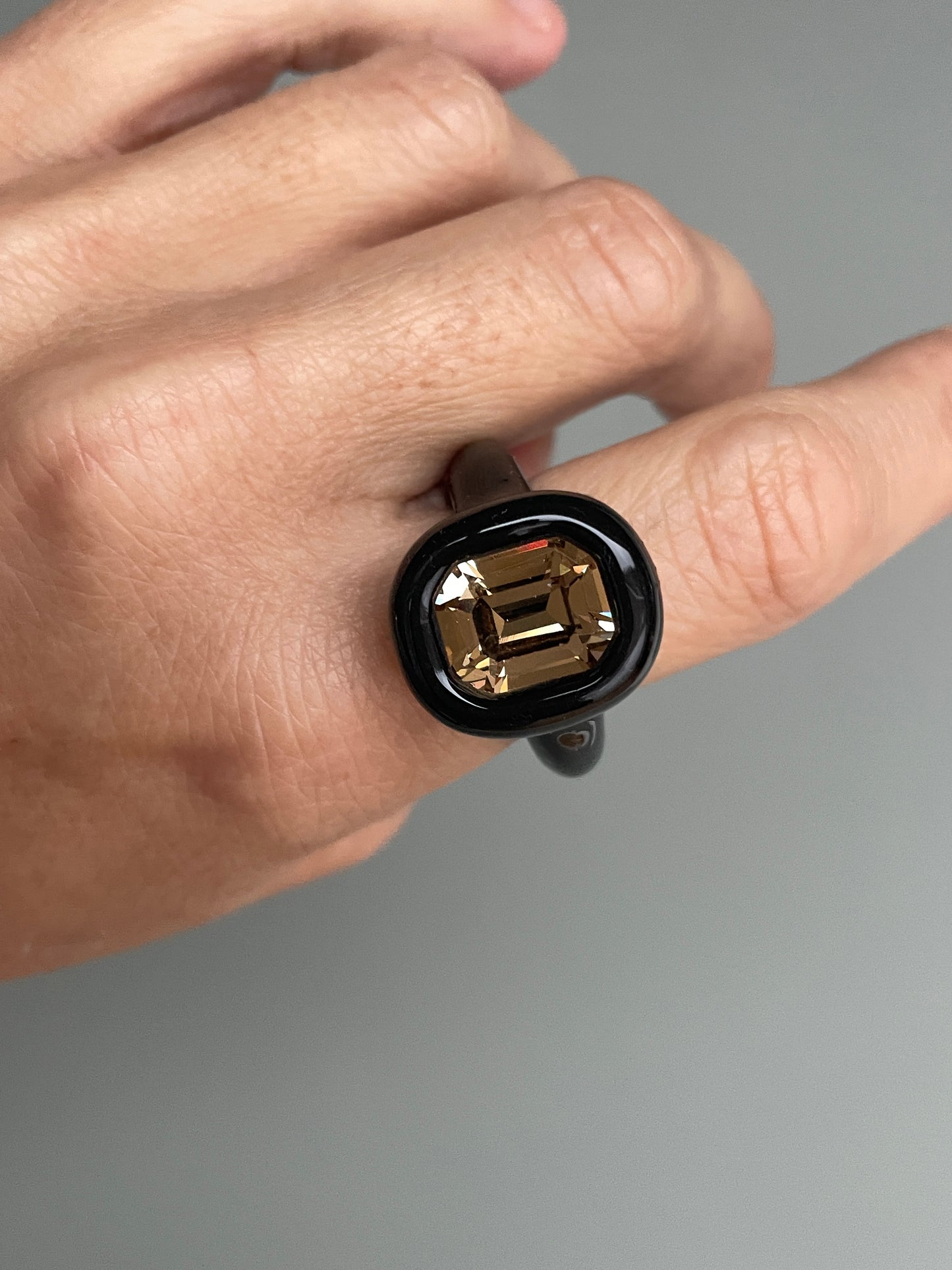 Black Octagon Classy Ring with Champagne Topaz Crystal