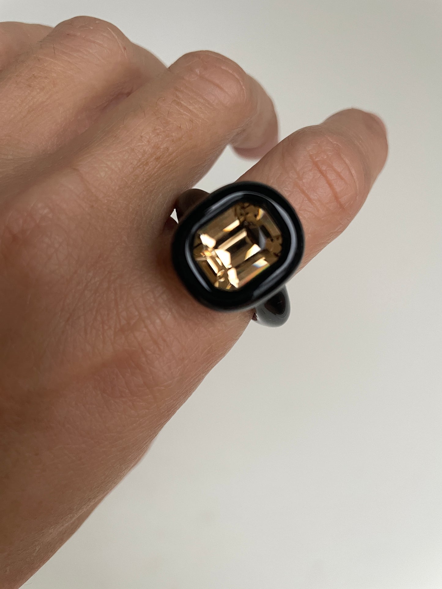 Black Octagon Classy Ring with Champagne Topaz Crystal