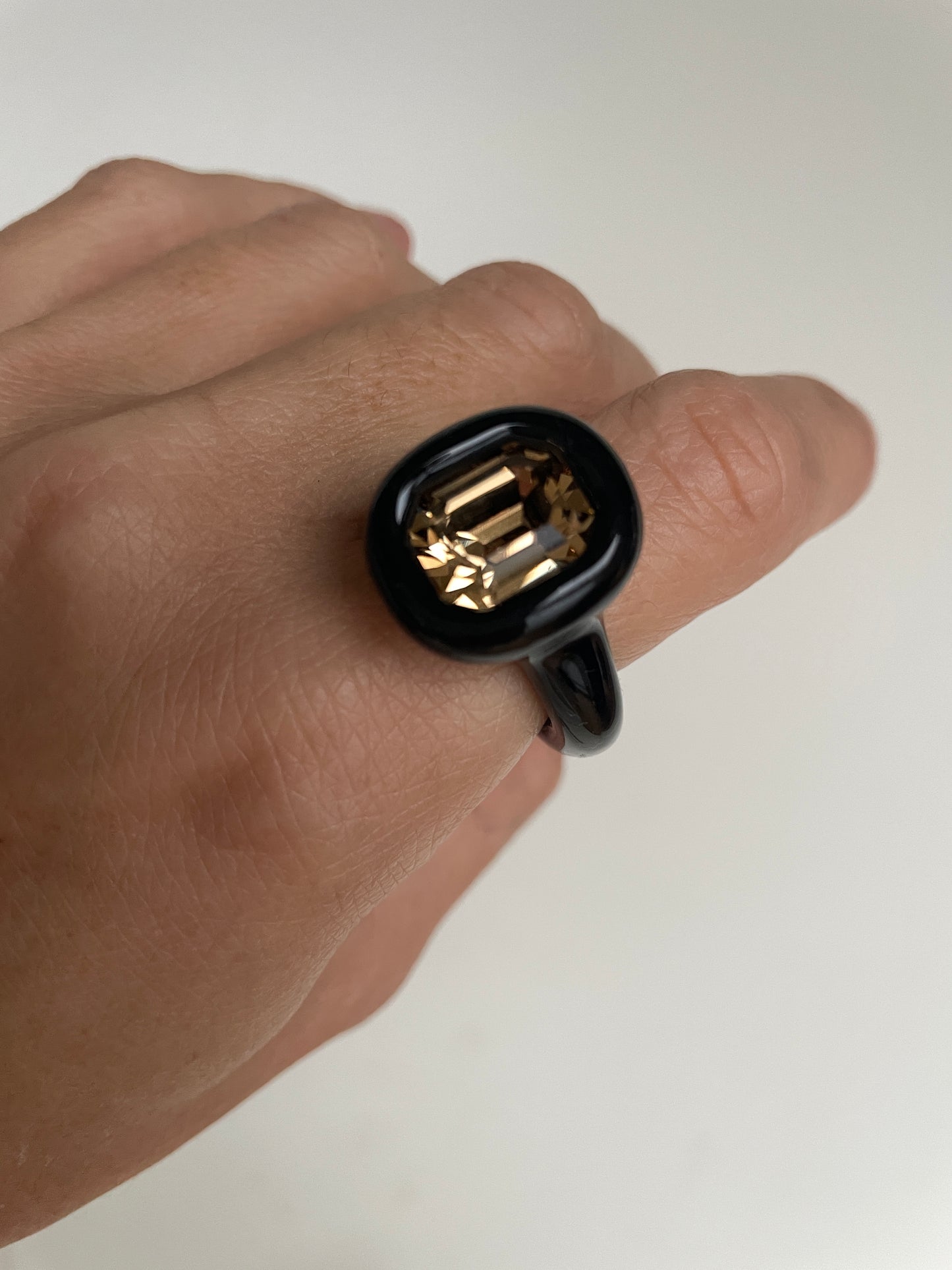 Black Octagon Classy Ring with Champagne Topaz Crystal