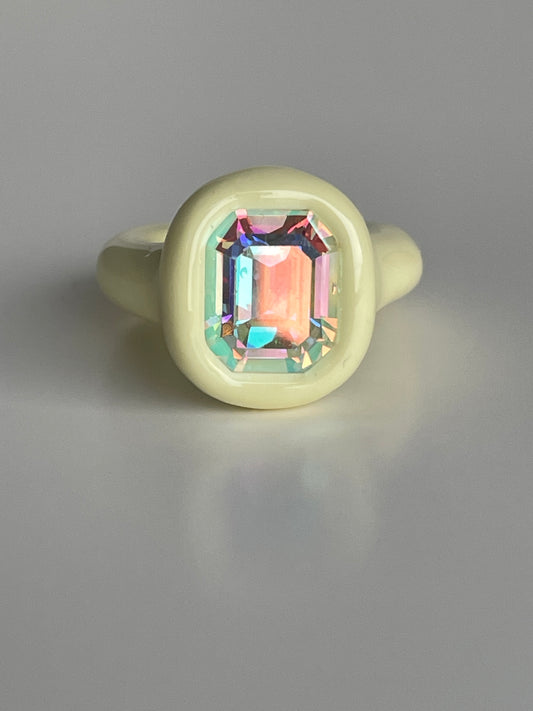 Pastel Vanilla Ring with Opalescent Octagon Crystal