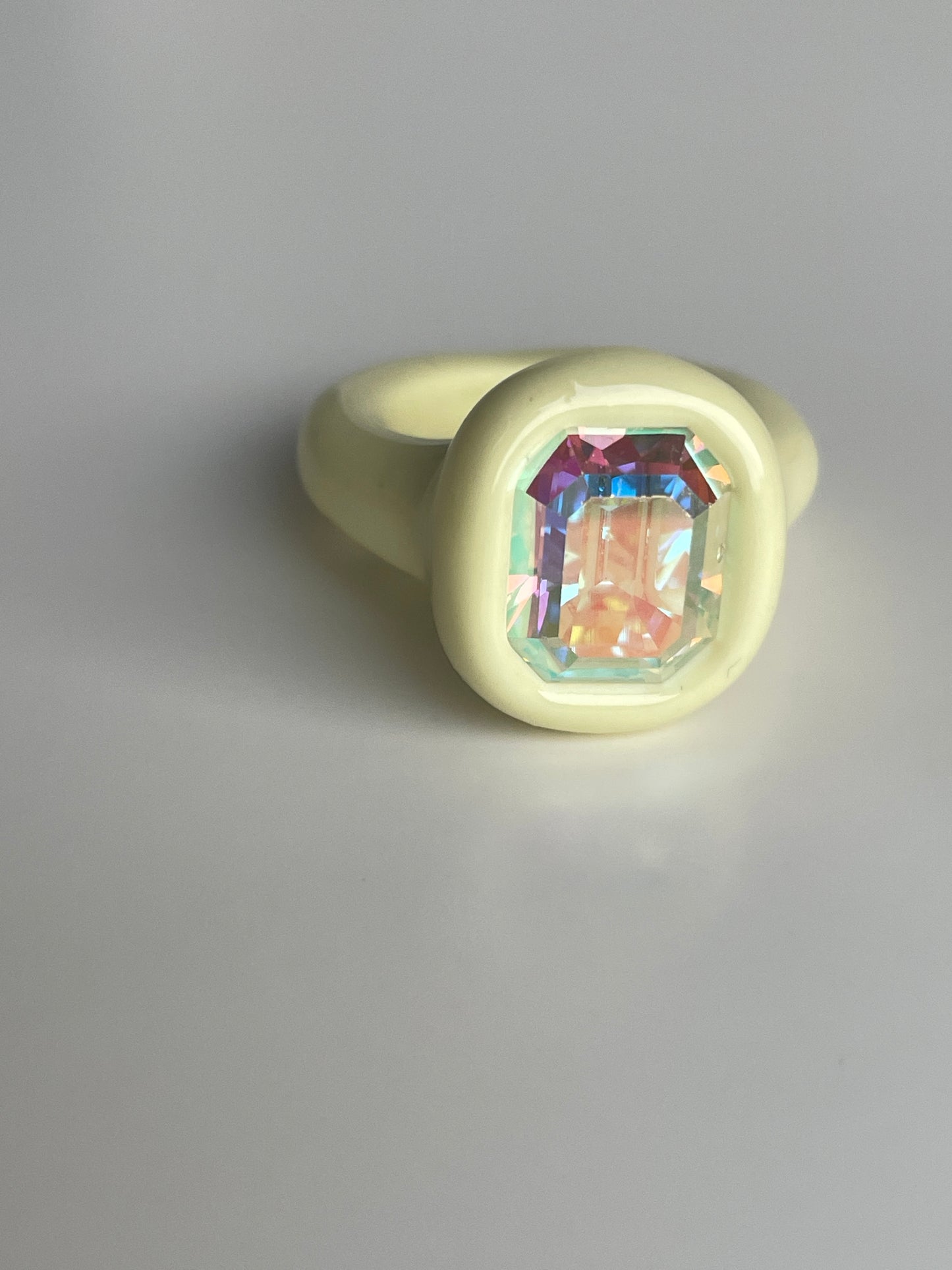Pastel Vanilla Ring with Opalescent Octagon Crystal