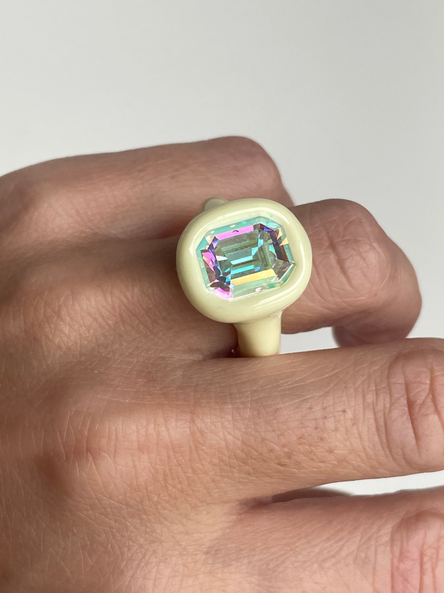 Pastel Vanilla Ring with Opalescent Octagon Crystal