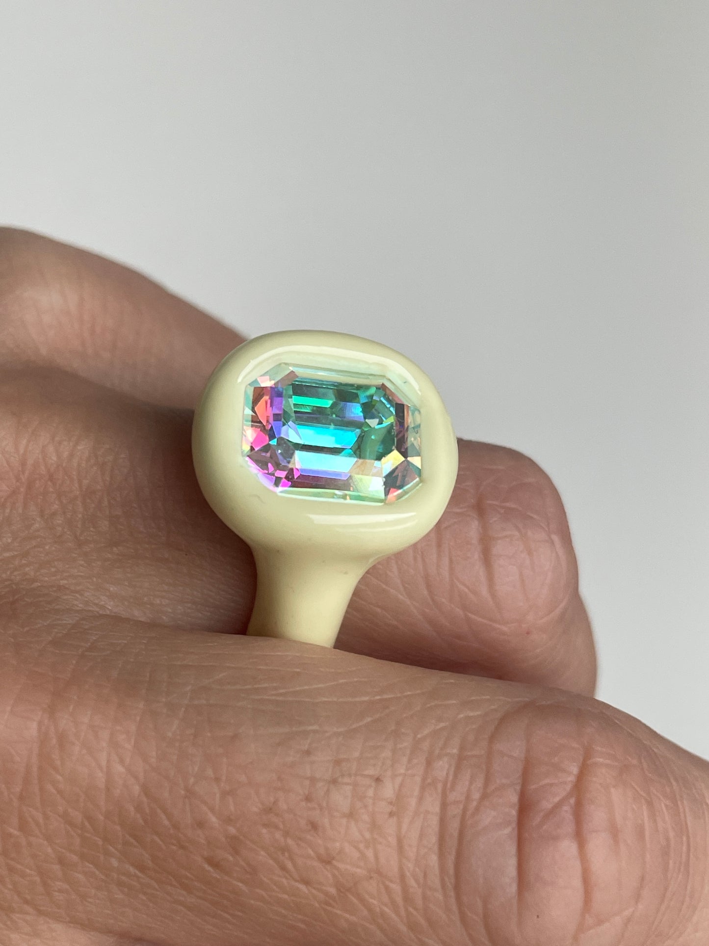 Pastel Vanilla Ring with Opalescent Octagon Crystal
