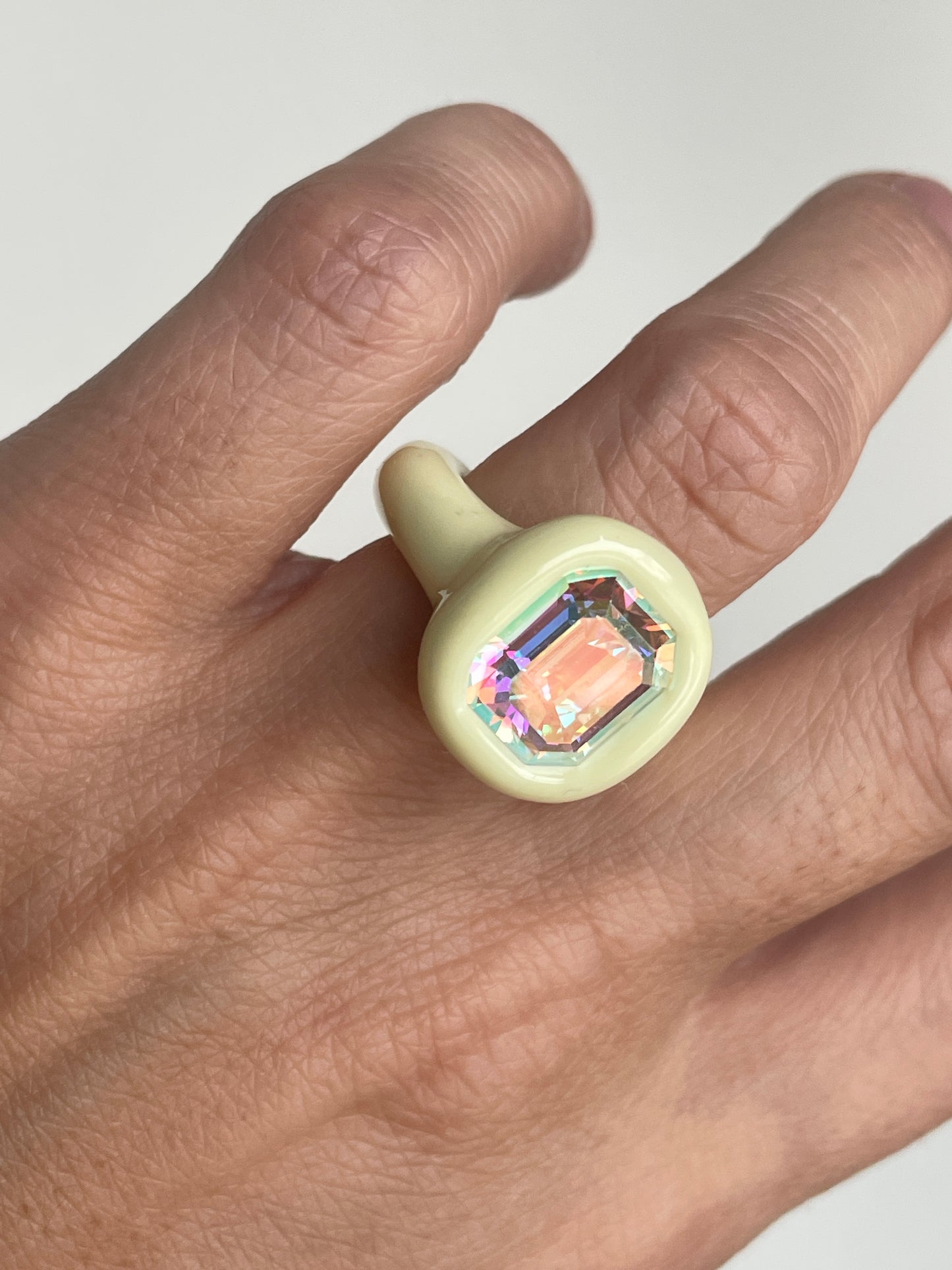 Pastel Vanilla Ring with Opalescent Octagon Crystal