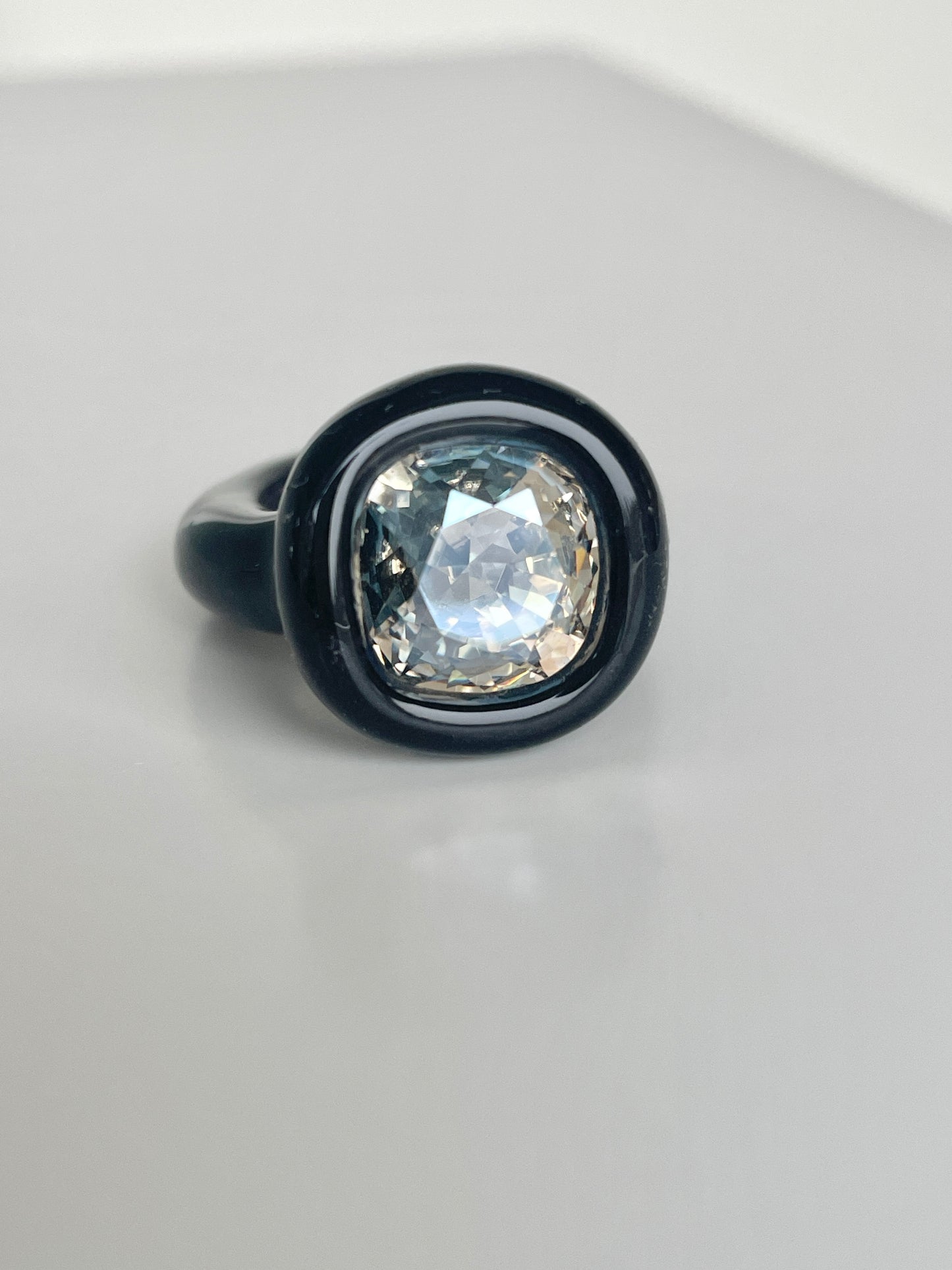 Black Cushion Cut Diamond Sparkle Swarovski Crystal  Polymer Ring