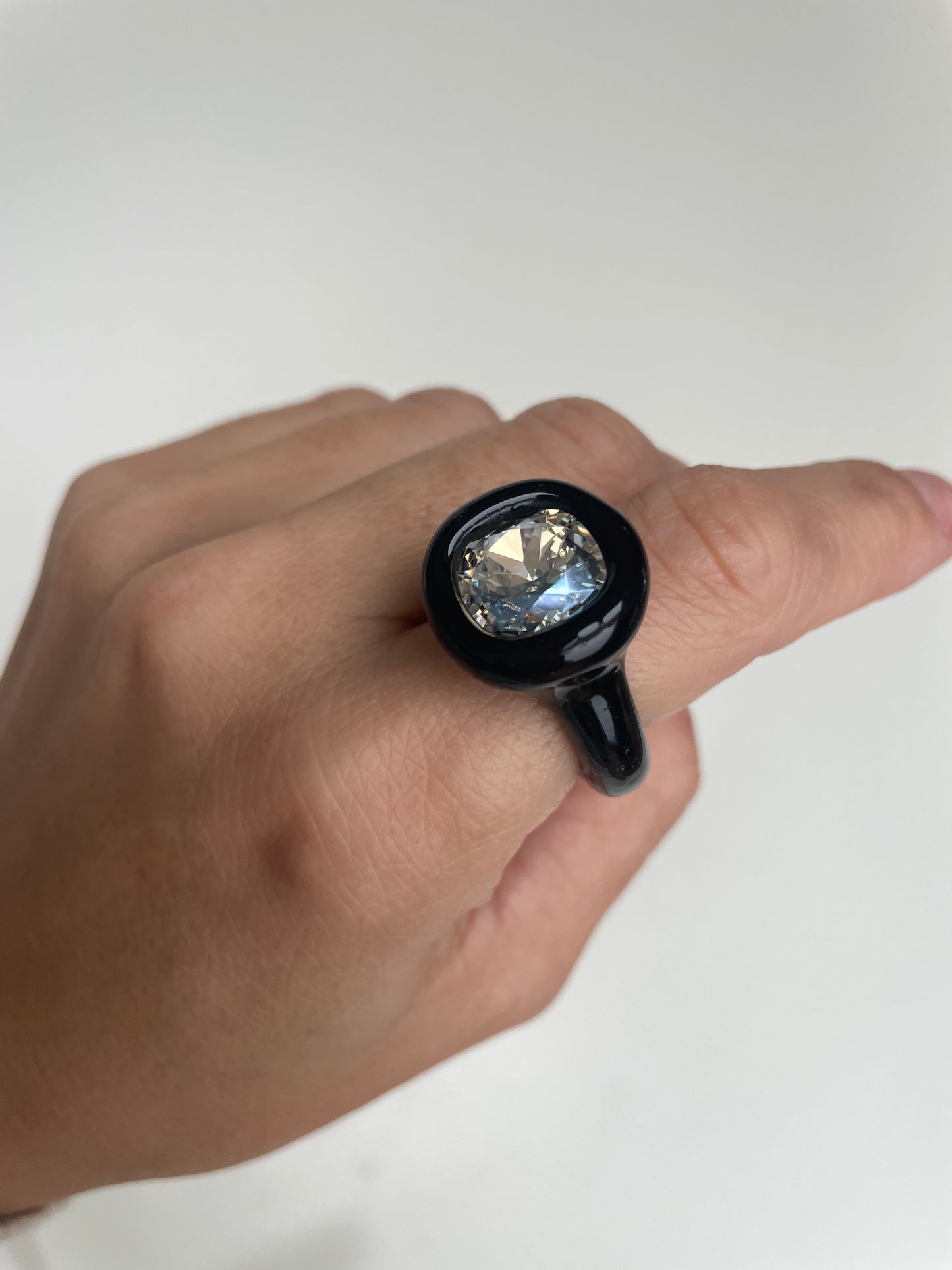 Black Cushion Cut Diamond Sparkle Swarovski Crystal  Polymer Ring