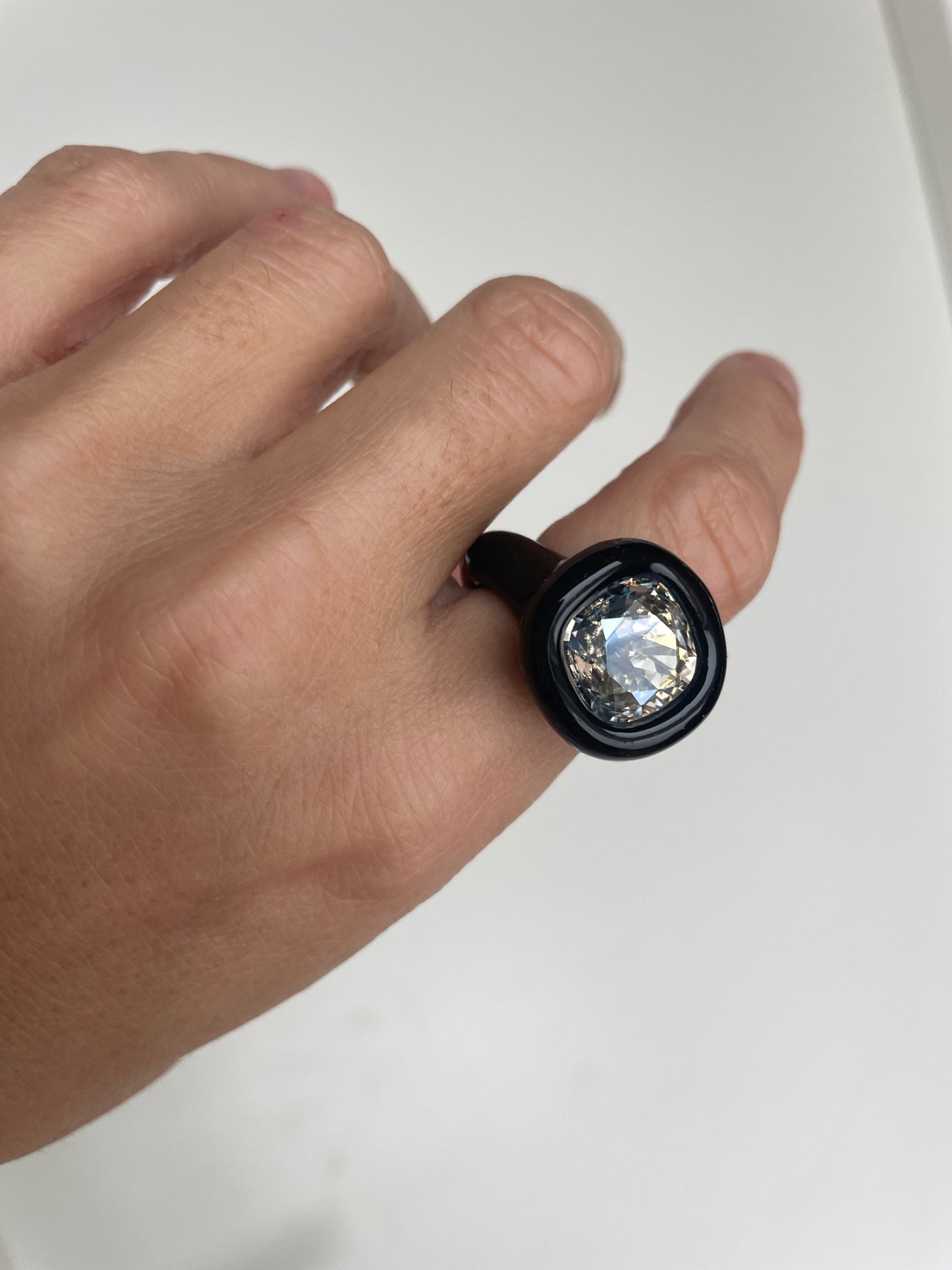Black Cushion Cut Diamond Sparkle Swarovski Crystal  Polymer Ring