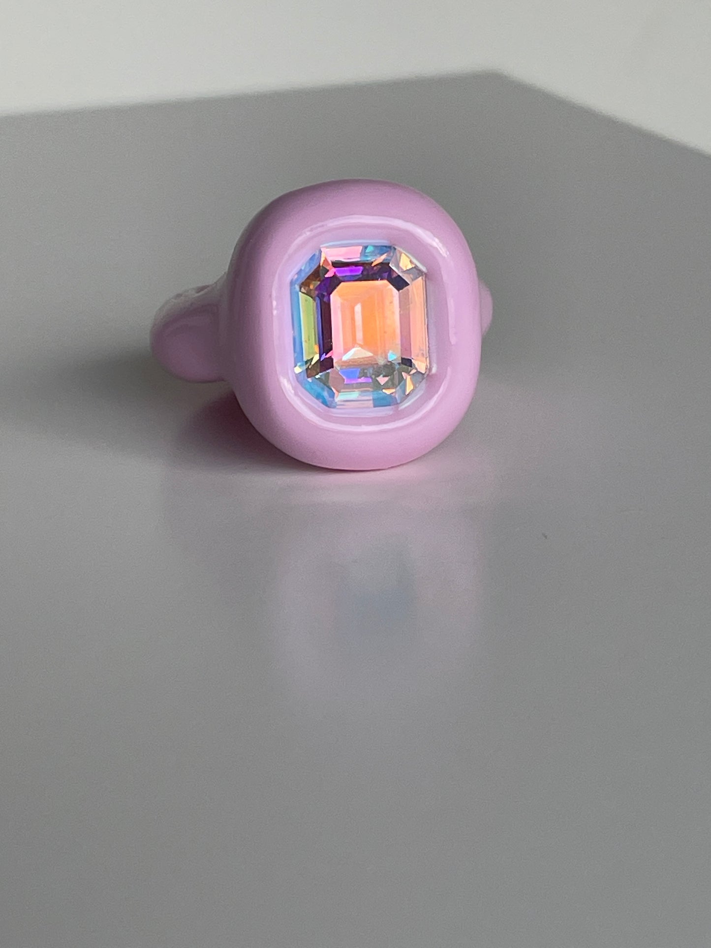 Pastel Light Pink Ring with Opalescent Octagon Crystal