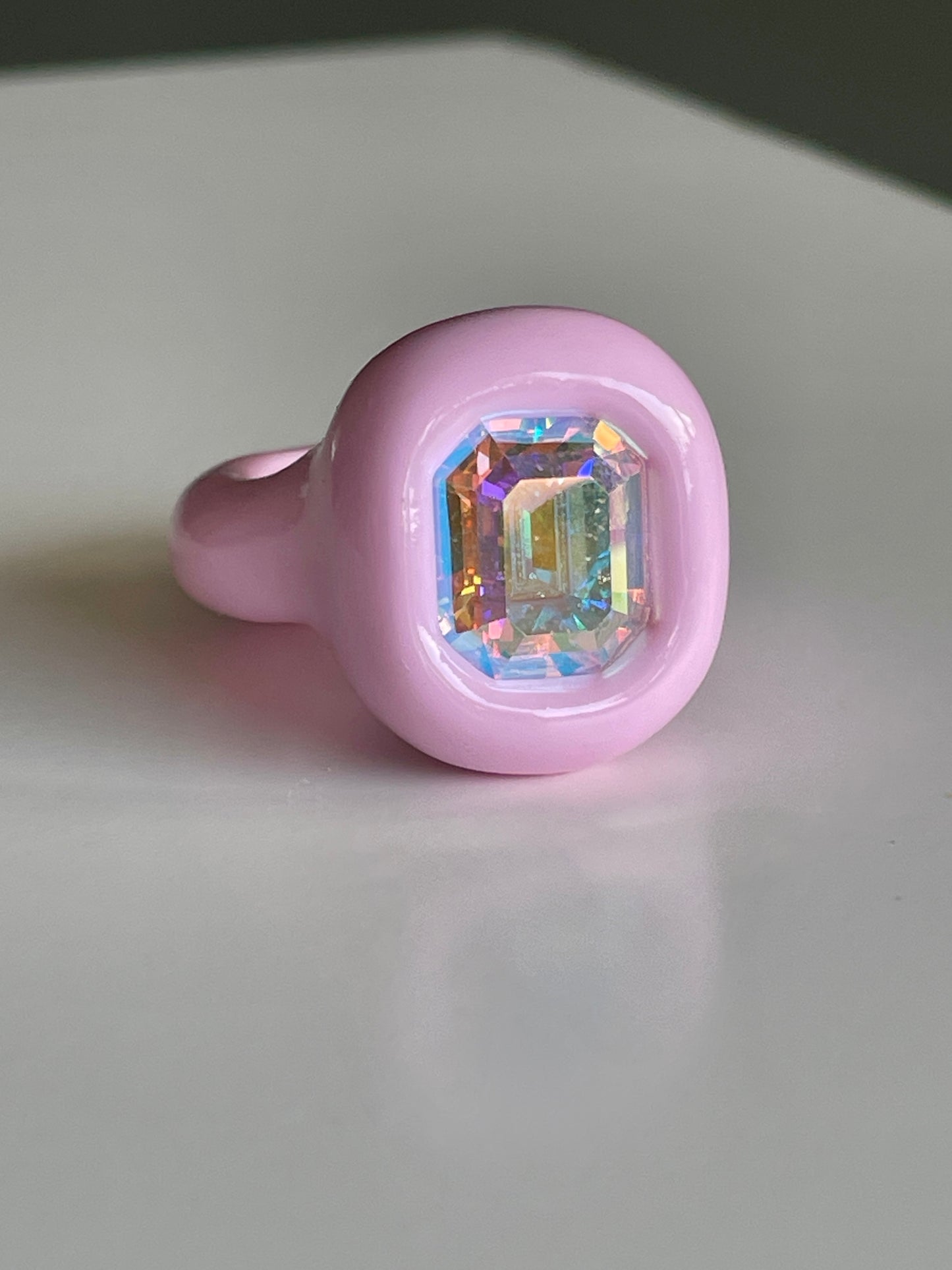 Pastel Light Pink Ring with Opalescent Octagon Crystal