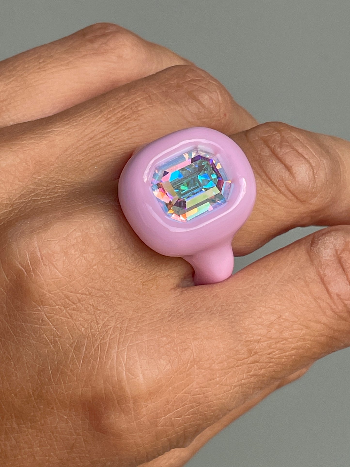 Pastel Light Pink Ring with Opalescent Octagon Crystal