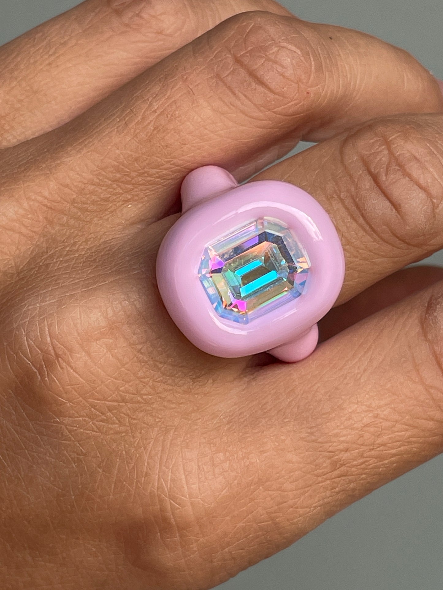 Pastel Light Pink Ring with Opalescent Octagon Crystal