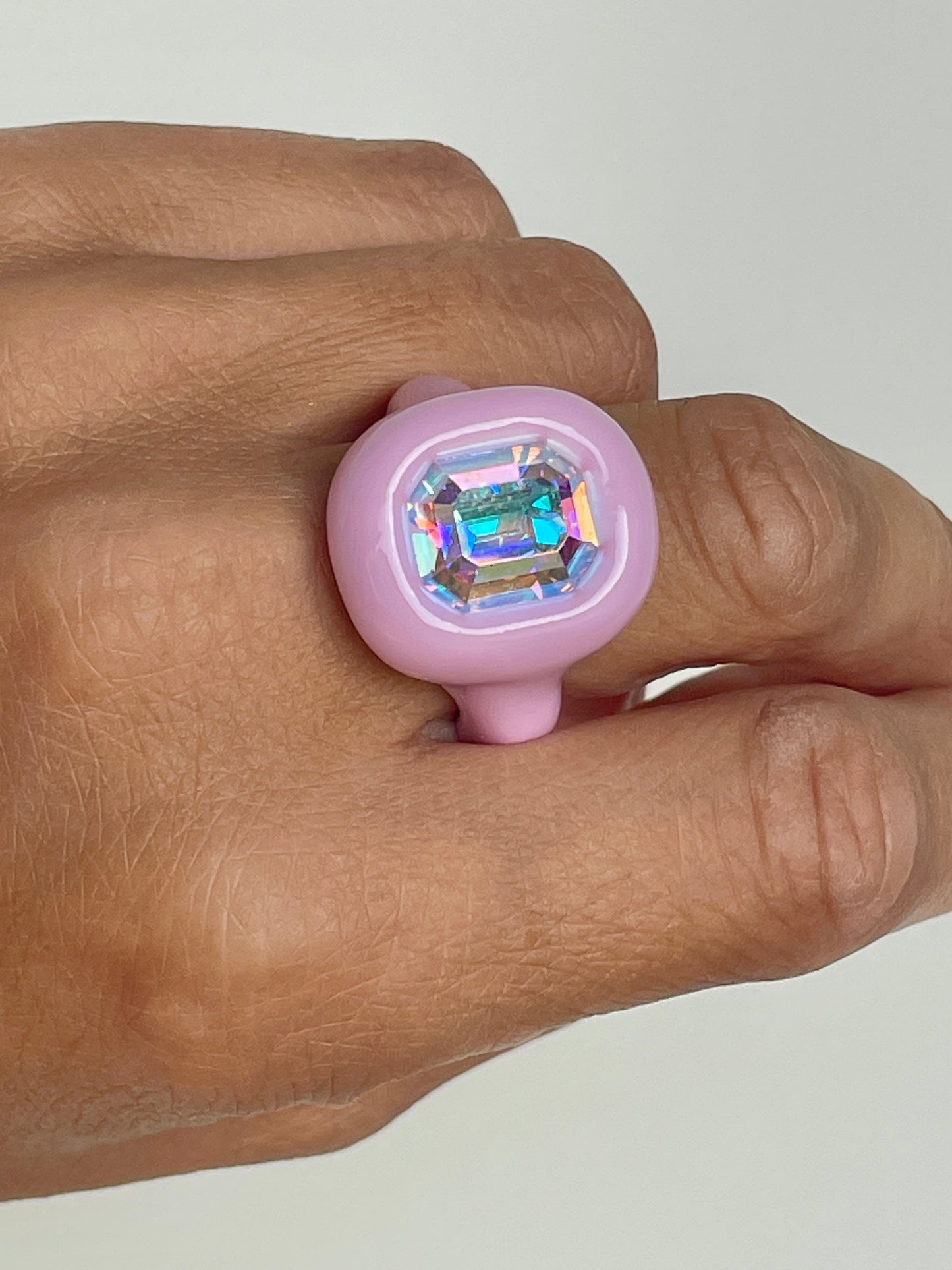 Pastel Light Pink Ring with Opalescent Octagon Crystal