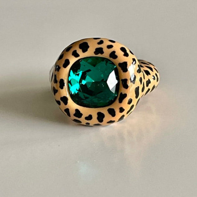 Beige Leopard Print Cushion Green Emerald Crystal Polymer Ring