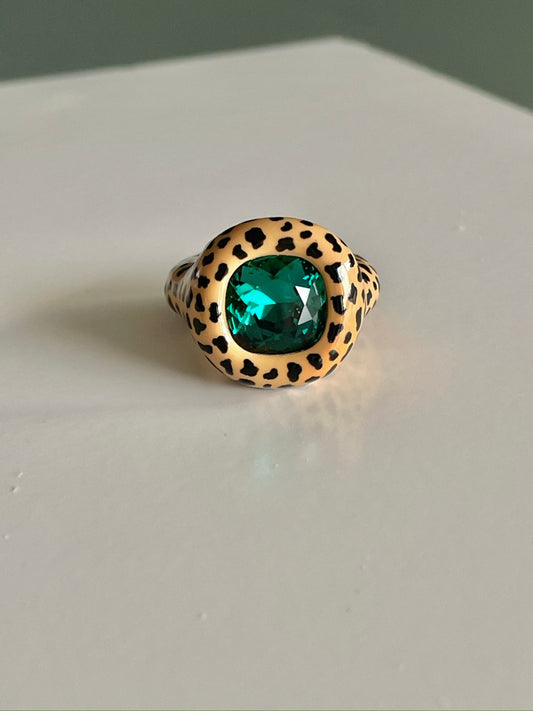 Beige Leopard Print Cushion Green Emerald Crystal Polymer Ring