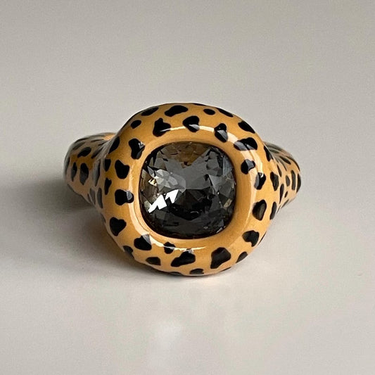 Beige Leopard Print Cushion Black Diamond Crystal Polymer Ring