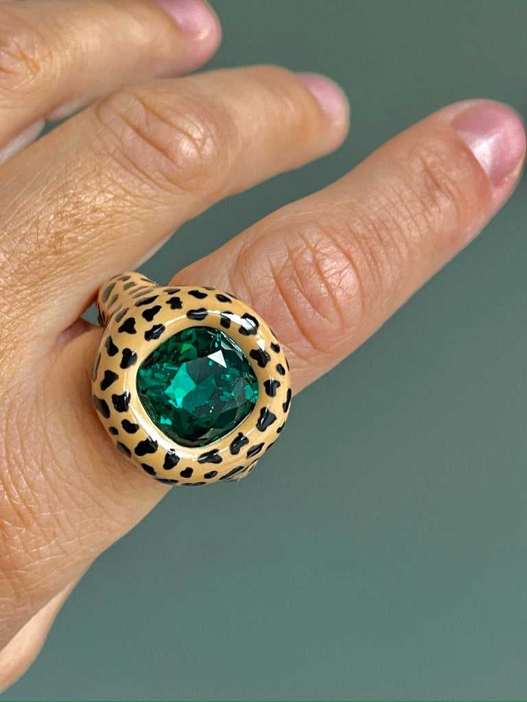 Beige Leopard Print Cushion Green Emerald Crystal Polymer Ring