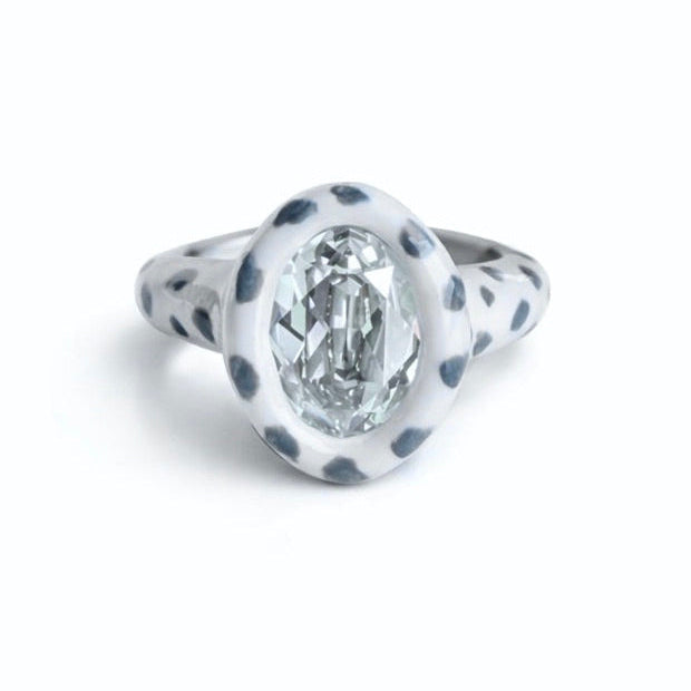 Snow Leopard Print Gray Oval Gray Diamond Crystal Polymer Ring