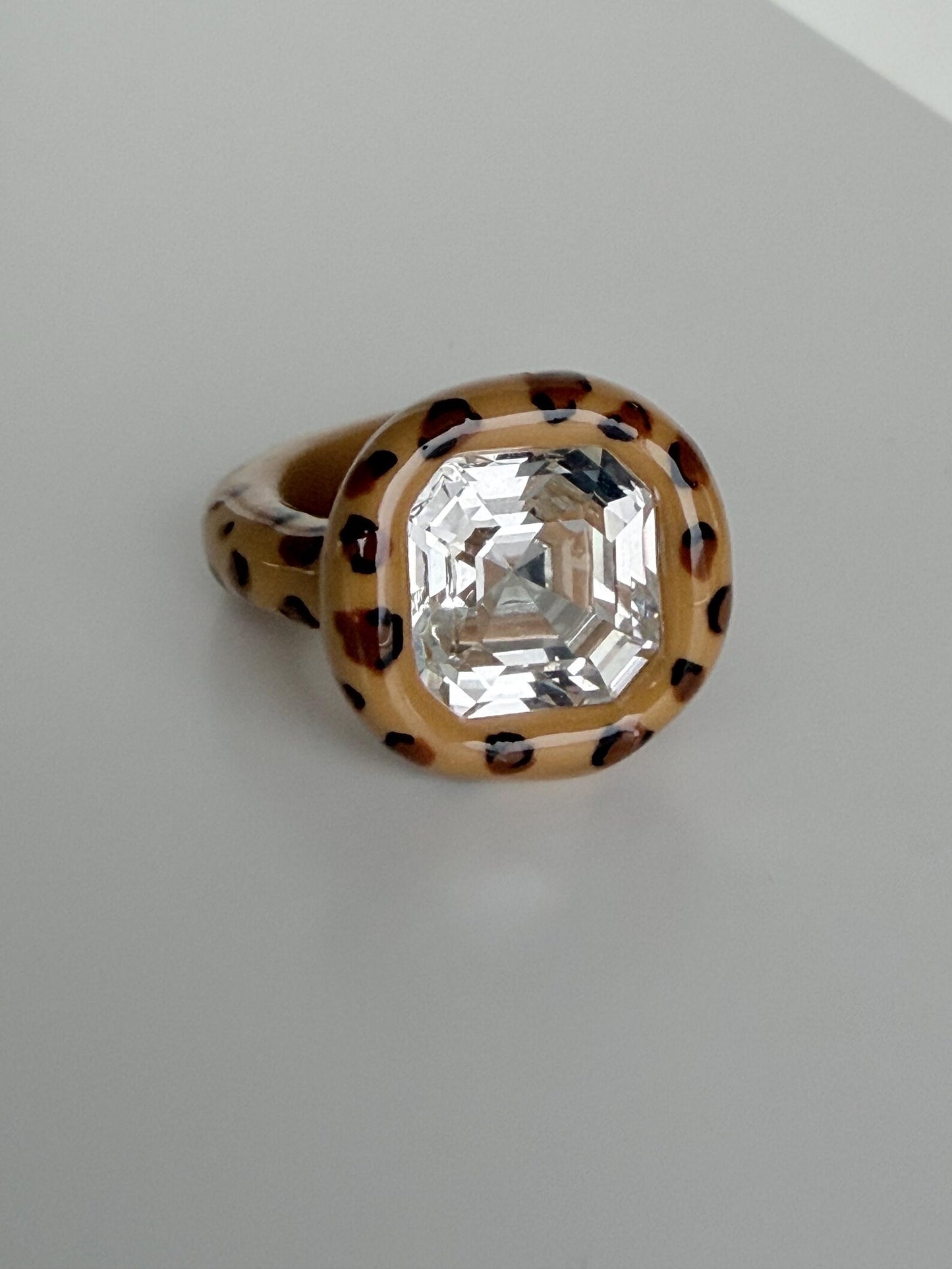 Beige Leopard Big Square Octagon Polymer Ring Clear Crystal