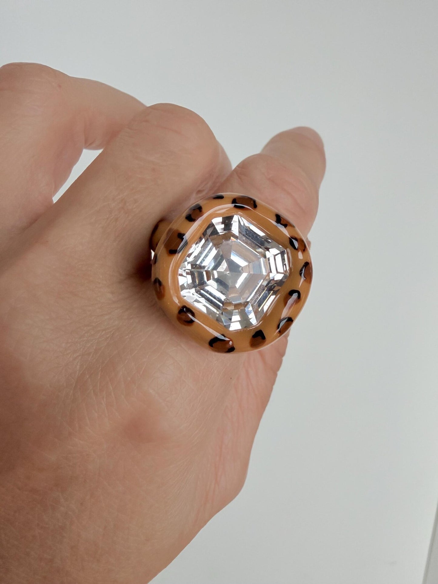 Beige Leopard Big Square Octagon Polymer Ring Clear Crystal